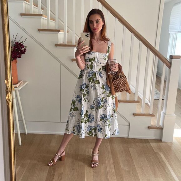 Reformation Tagliatelle Blue Floral Linen Dress Size 16 - Picture 1 of 6